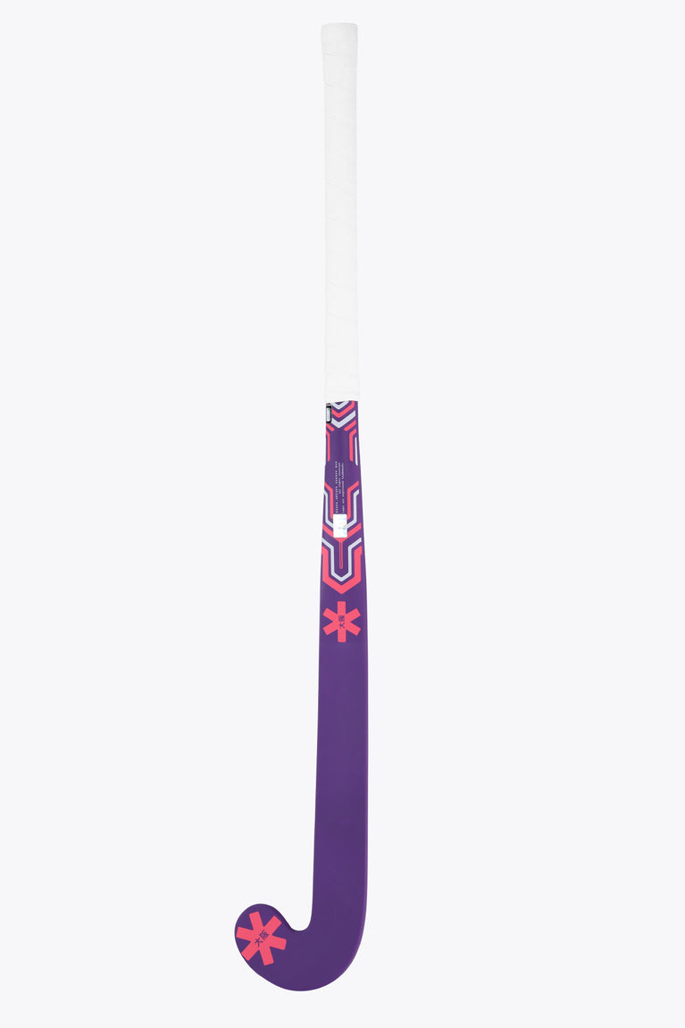Royal purple hockey stick with red graphic band and curved head, white grip visible.