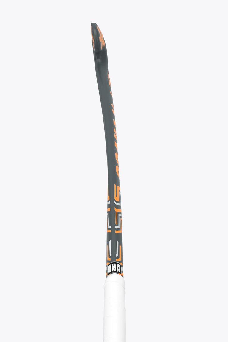 Field hockey stick shaft with white grip and dark gray with orange patterning
