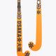 Two orange field hockey sticks showing Osaka logos and black geometric head design