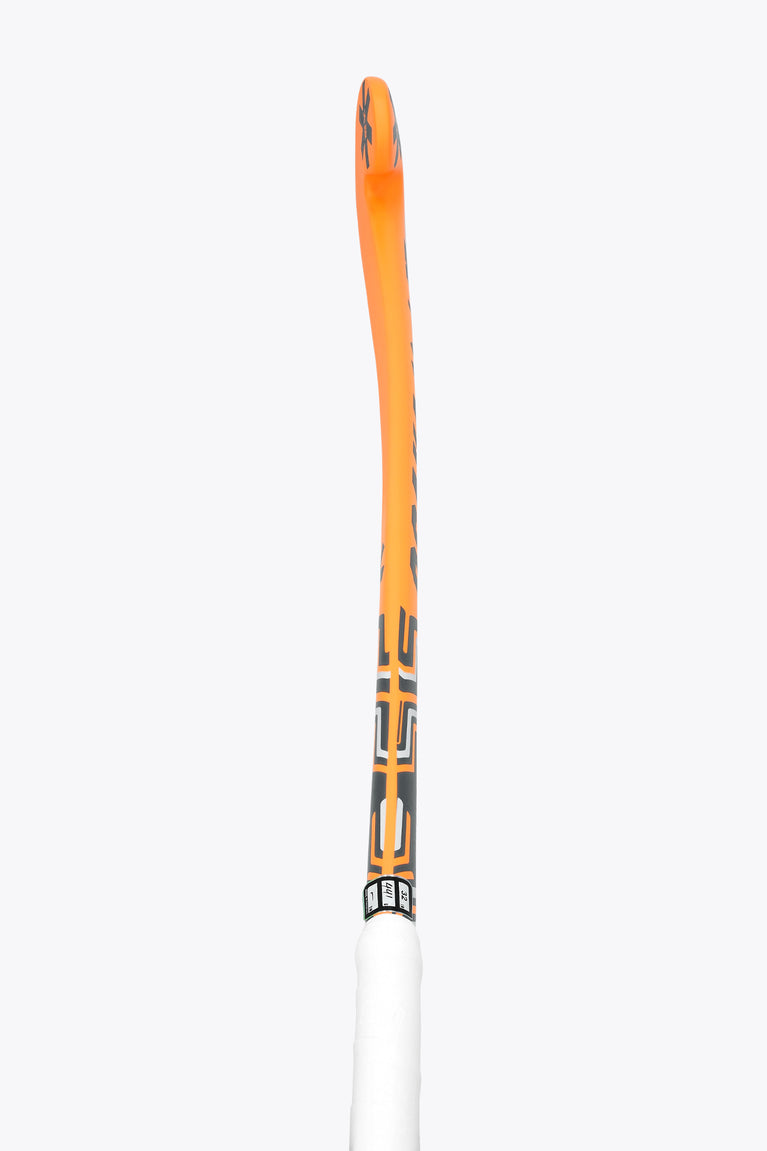 Orange and white field hockey stick shaft with dark graphics and logo