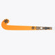 Orange field hockey stick with dark end cap and stripe pattern along the shaft