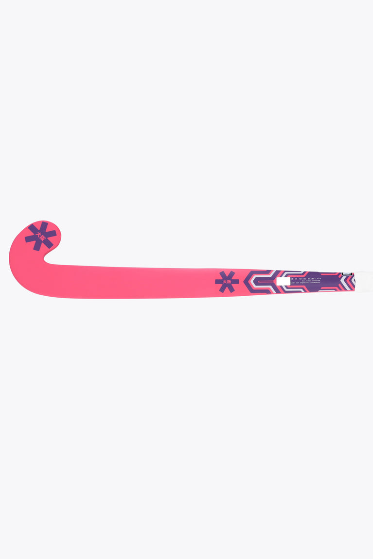 Hot pink Osaka field hockey stick with dark side graphics along the blade