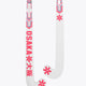 White field hockey stick with hot pink and blue grip decals, showing mid-bow curve