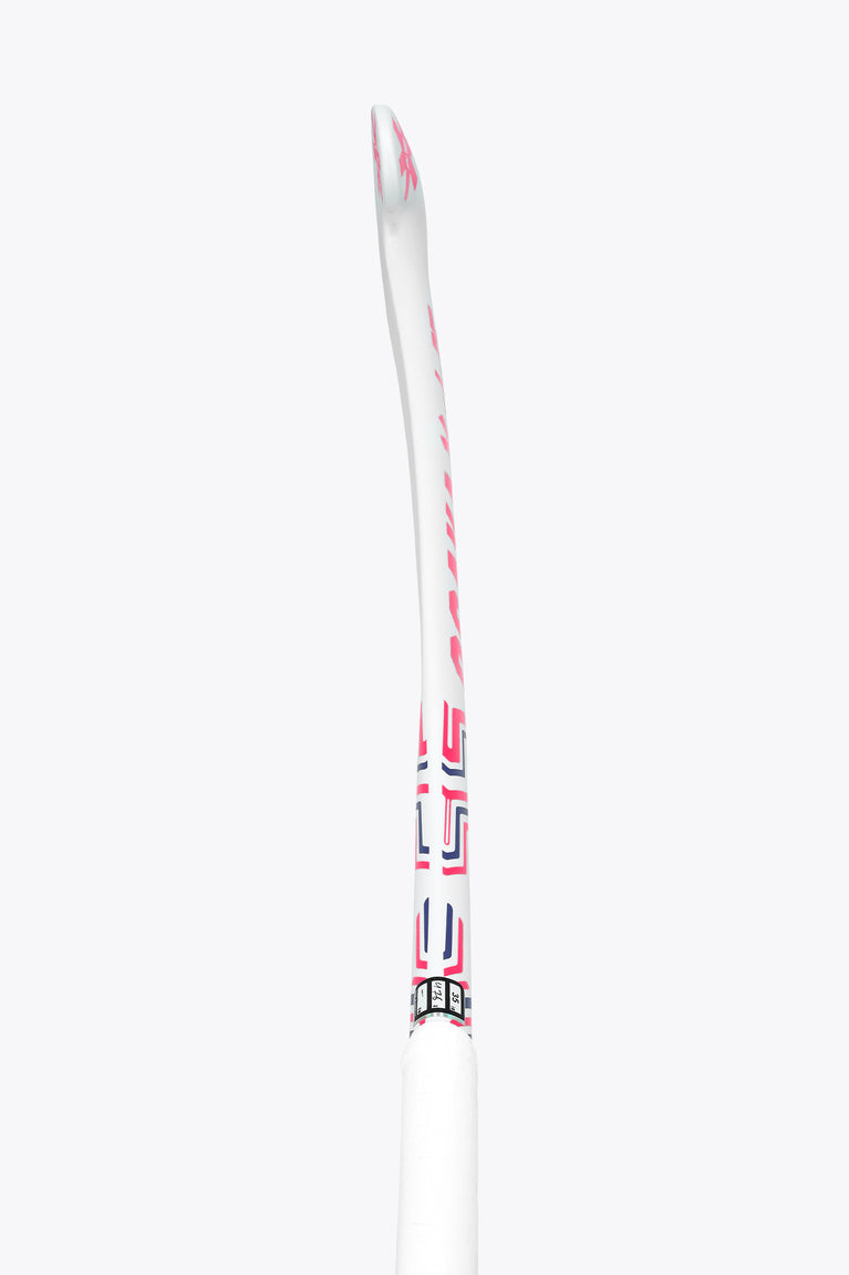 White field hockey stick shaft with hot pink and blue end graphics, close side view