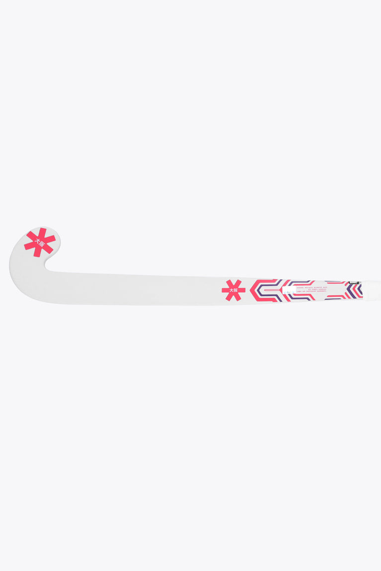 White field hockey stick with hot pink and blue stripe graphics near the handle
