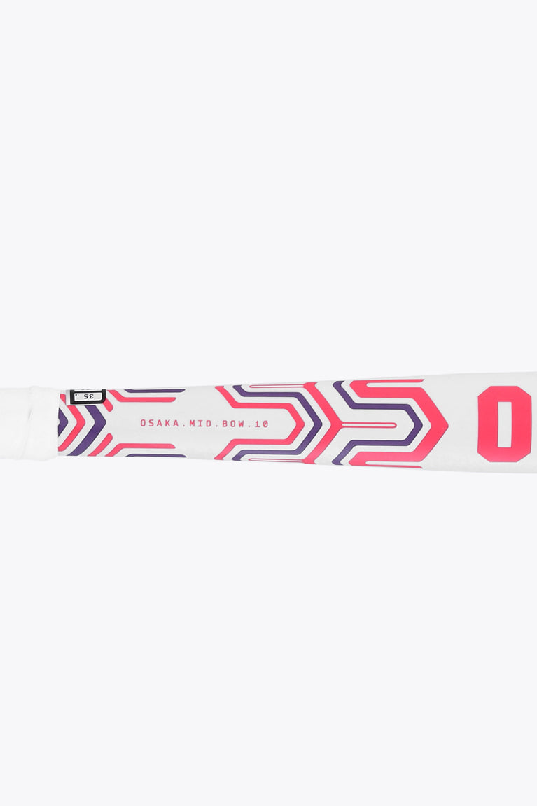 White field hockey stick shaft with hot pink/blue geometric graphics and number 0