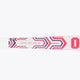 White field hockey stick shaft with hot pink/blue geometric graphics and number 0