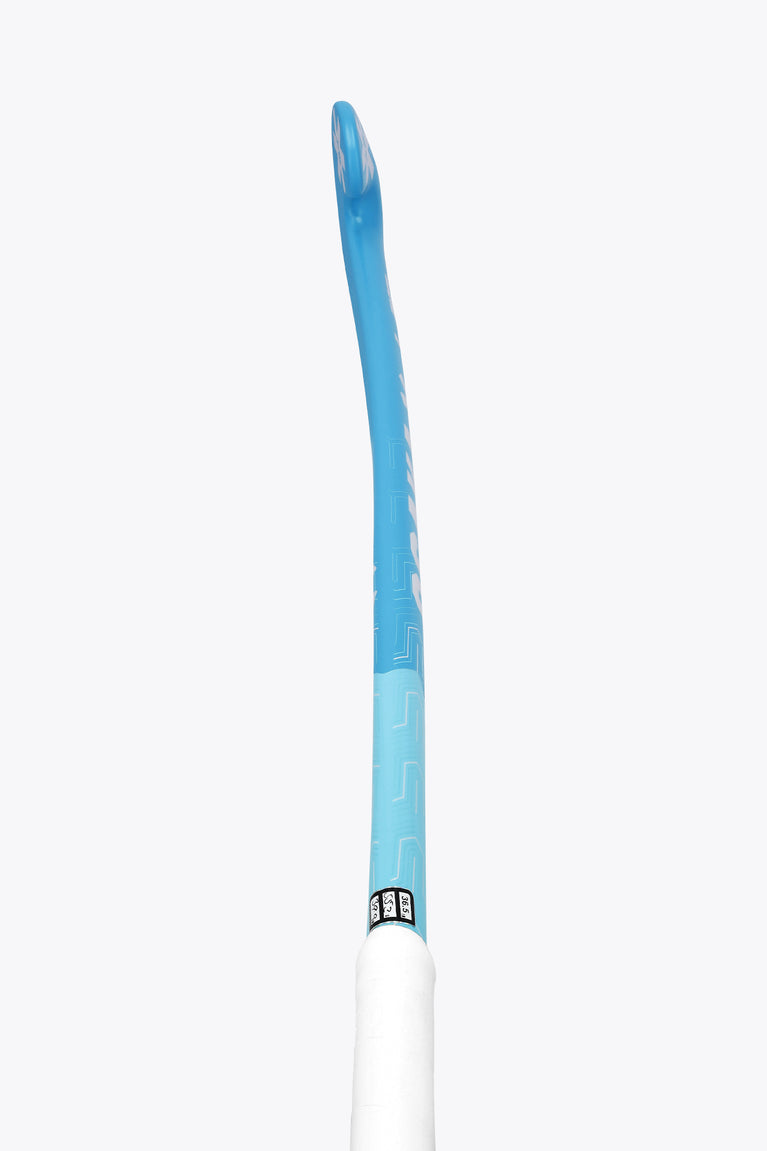 Blue topaz mid-bow field hockey stick shaft with white handle and grip label