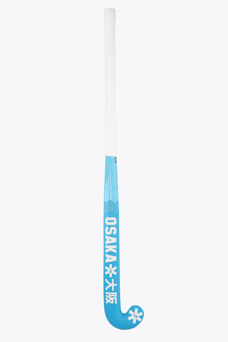 Blue topaz mid-bow field hockey stick with vertical Osaka text and star mark