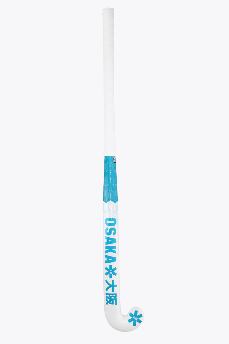 Osaka field hockey stick head, white with vertical Blue Topaz graphics and blue logo