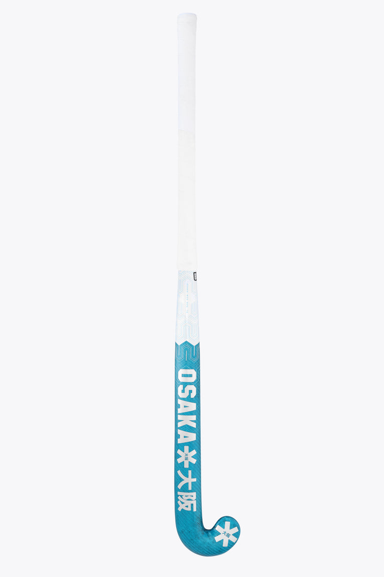 Mid-bow field hockey stick with teal blue head and white shaft, blue snowflake marks