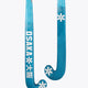 Blue field hockey stick with mid-bow curve and white snowflake-style logos