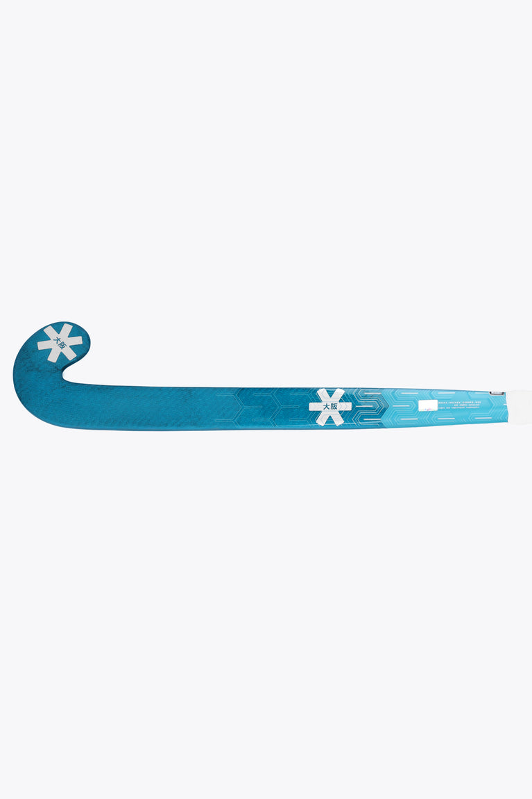 Blue field hockey stick blade with curved scoop end and white snowflake decals