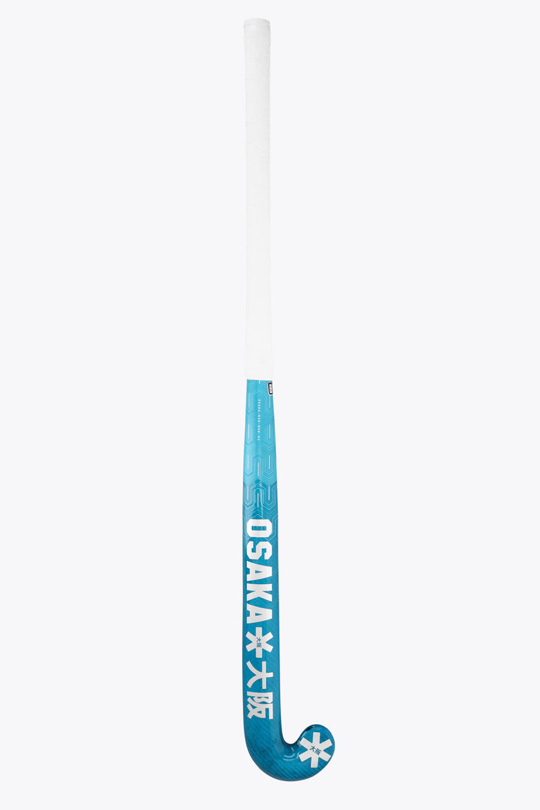 Blue field hockey stick with white handle and Osaka logo on the curved head