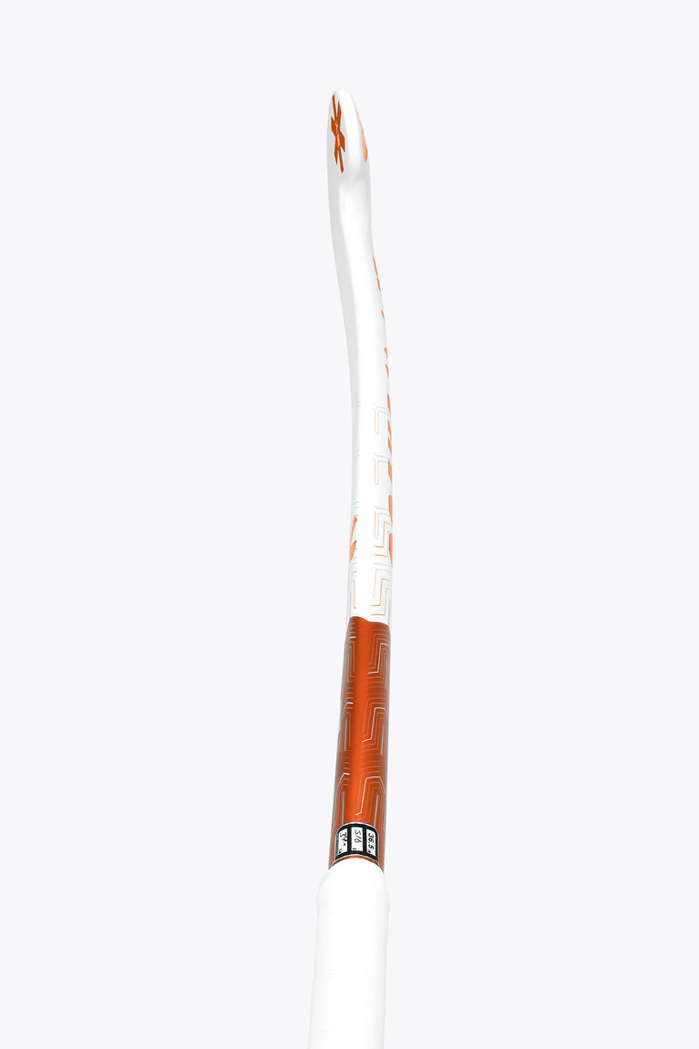 Orange and white field hockey stick with orange shaft panel and printed logo