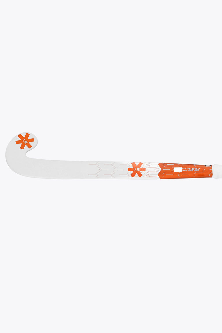 Orange and white field hockey stick with curved head and orange end accents