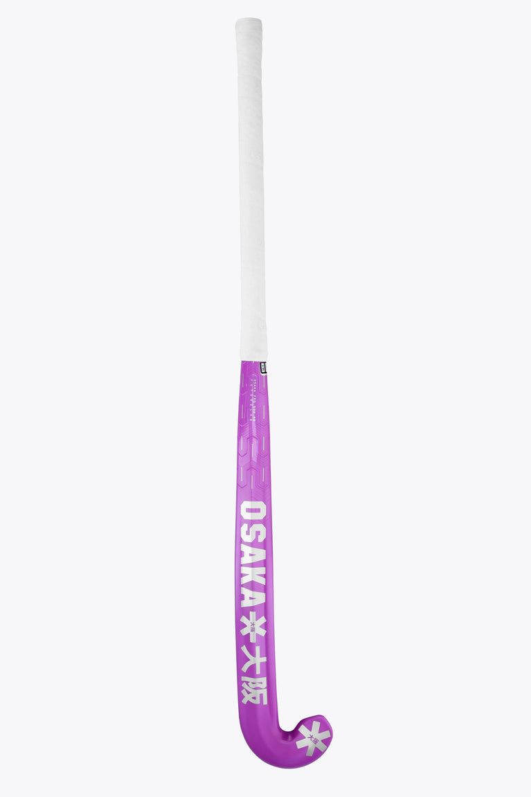 Purple field hockey stick head with Rose Bud text on the curved throat