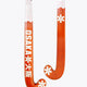Bright orange field hockey stick with white shaft and curved U-shaped head