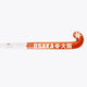 Field hockey stick with OS logo and bright orange grip on white shaft