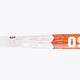 Field hockey stick shaft close-up with orange branding and geometric pattern