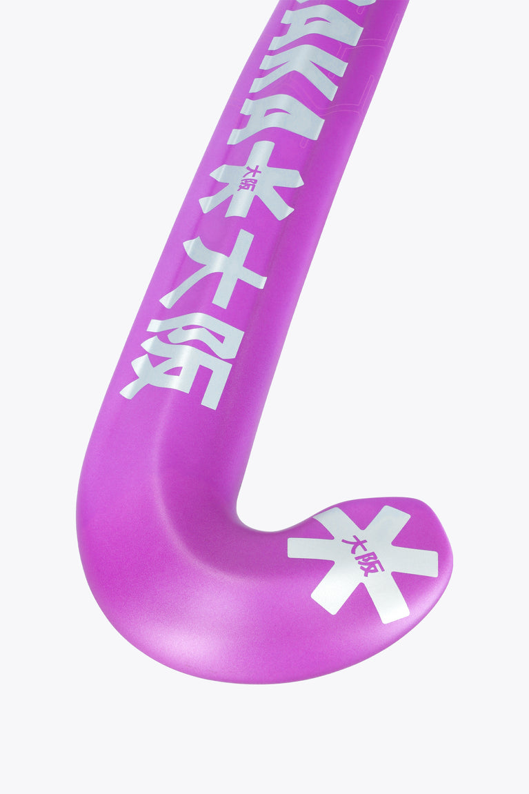 Rose Bud field hockey stick, close-up of purple blade with Osaka text and icon