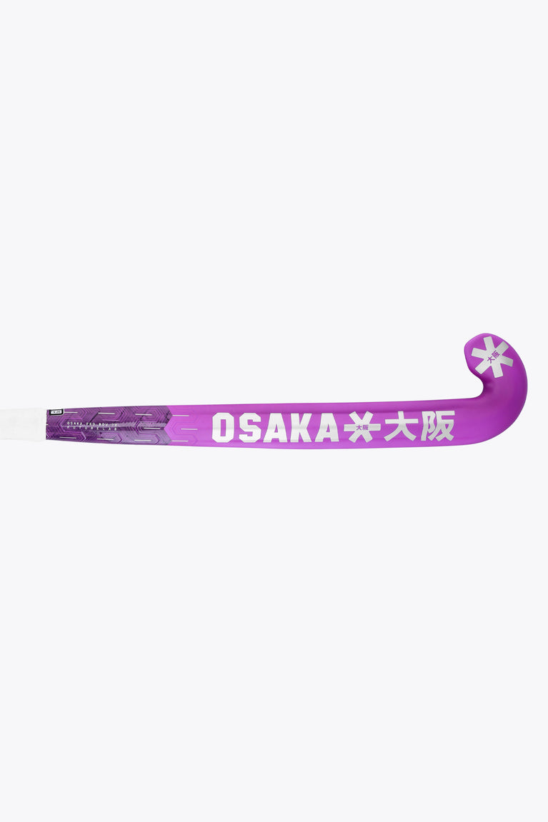 Rose Bud field hockey stick, purple blade edge with OSaka lettering and symbols