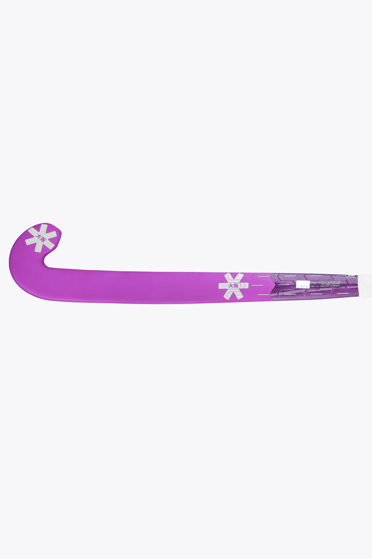 Rose Bud field hockey stick, purple blade profile with printed graphics and markings
