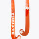 Bright orange field hockey stick with curved hook end and white accents