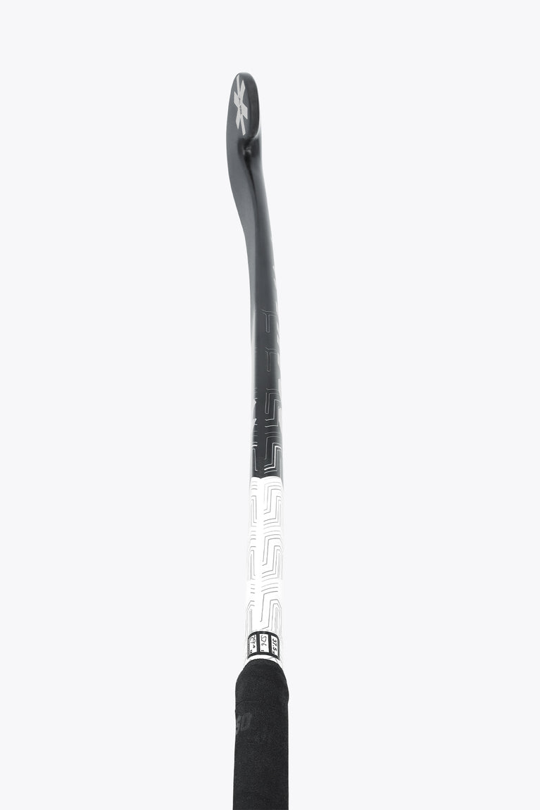 Field hockey stick shaft with black cap and white graphic panel, side view