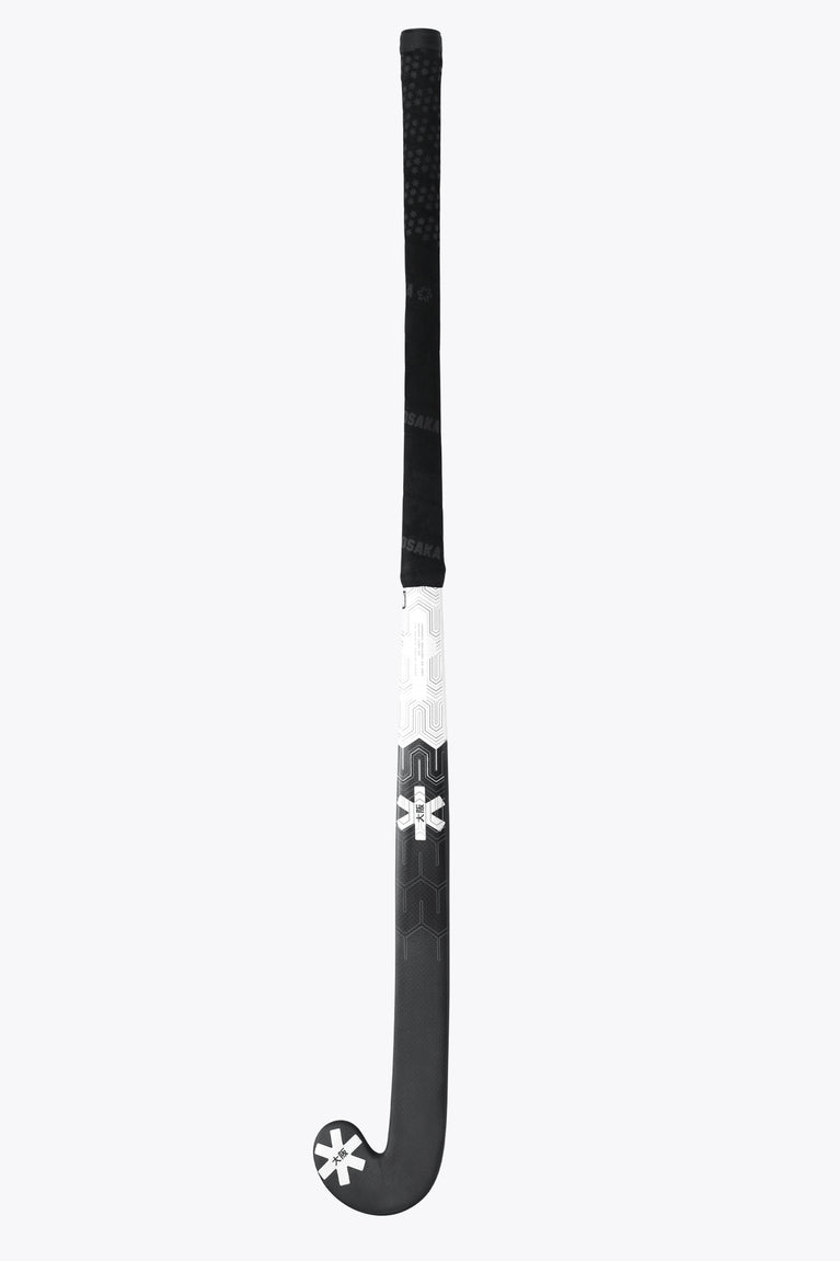 Field hockey stick with black handle grip and white shaft, front view