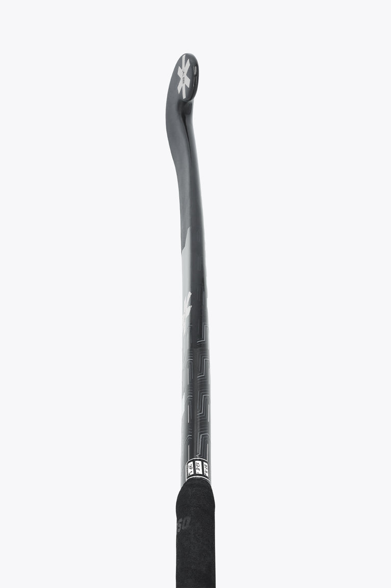 Field hockey stick shaft, black with silver graphics and grip end at the top