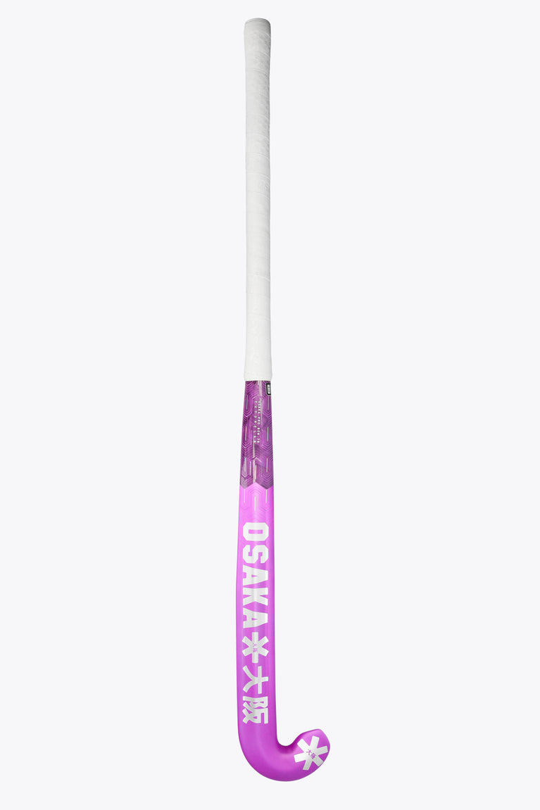 Rose bud field hockey stick with white grip and purple lower shaft, star logo.