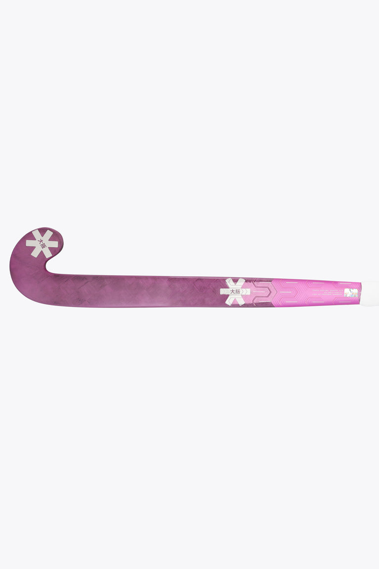 Rose Bud Osaka field hockey stick with wide curved striking end and purple blade