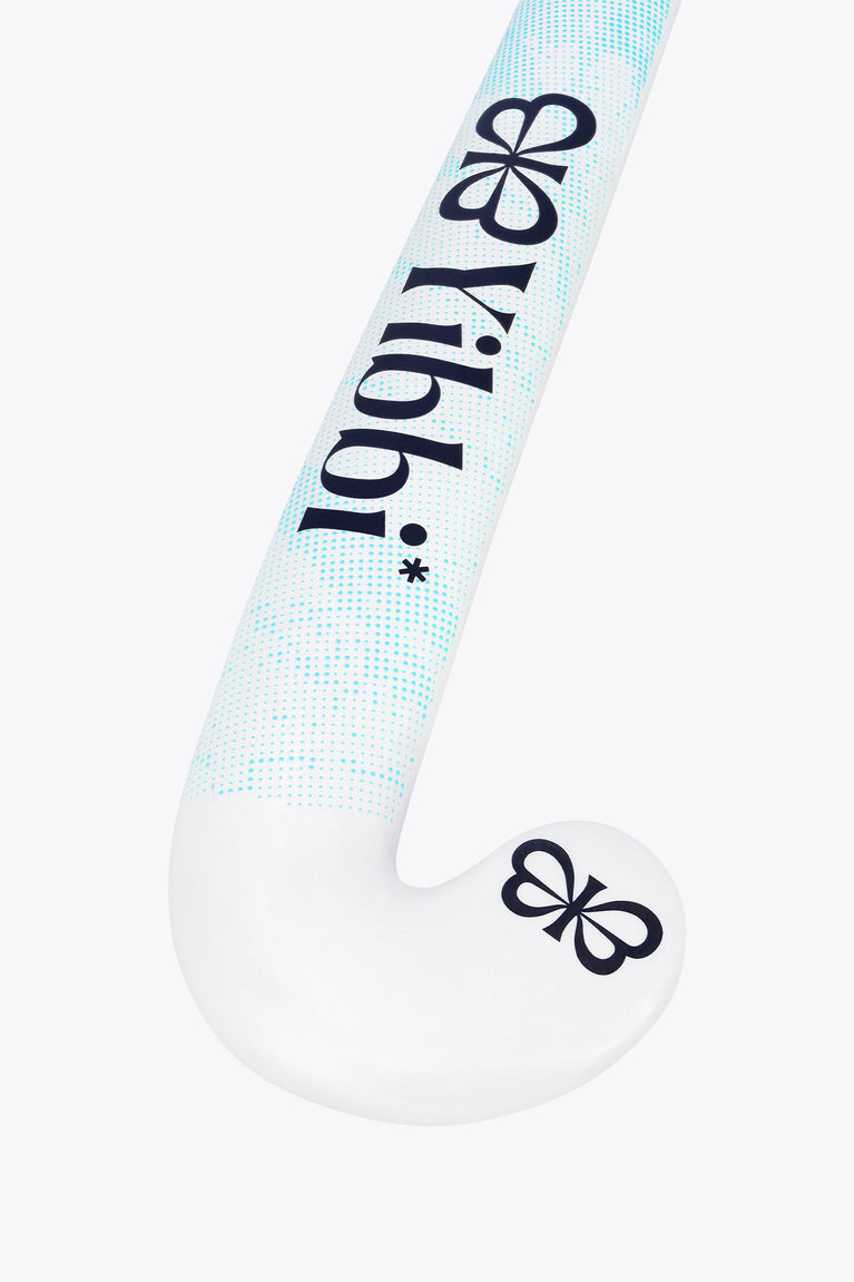White field hockey stick blade with blue graphic section and black four-petal logo