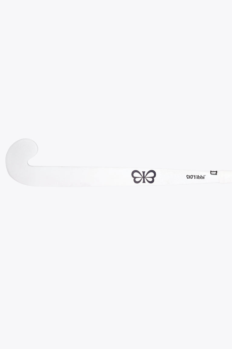 White field hockey stick with black logo on the shaft near the curved blade