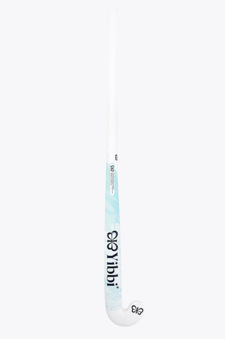 White field hockey stick head with light blue print strip and black logo