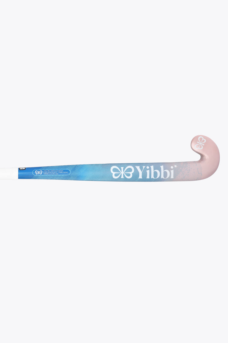 Mid-bow field hockey stick with blue shaft, pastel pink lower section, white blade.