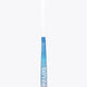 Mid-bow field hockey stick head view, blue shaft with pastel pink curved toe.