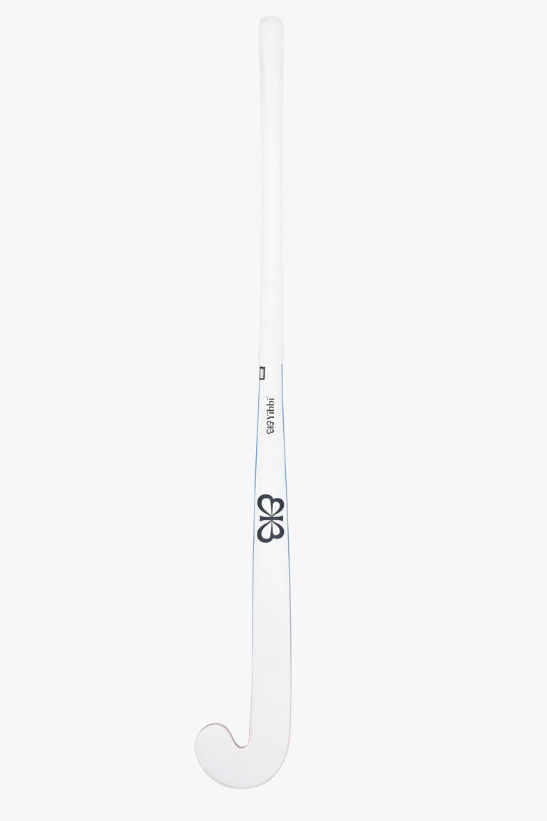 Mid-bow field hockey stick back view with white blade and narrow blue stripe.