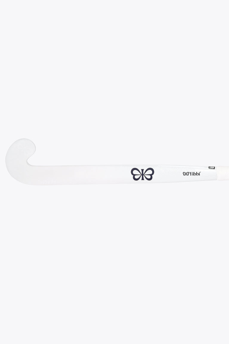Yibbi Mid Bow GF hockey stick, white blade and shaft with bow emblem on side
