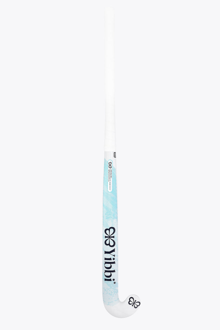 Yibbi Mid Bow GF hockey stick, white shaft with blue print and black bow icon