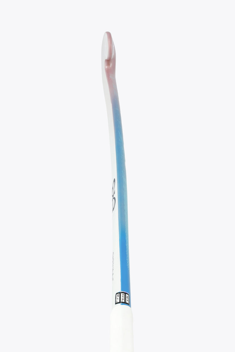 Field hockey stick with white shaft and narrow blue strip near the neck