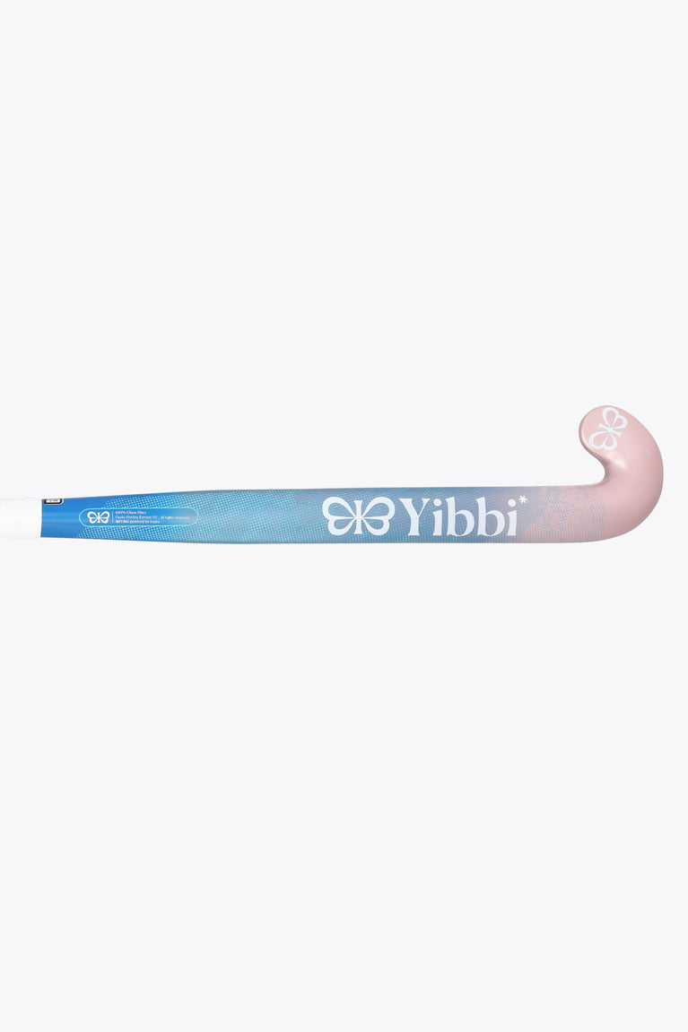 Mid-bow field hockey stick in blue shaft with pastel pink toe curve