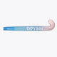 Mid-bow field hockey stick in blue shaft with pastel pink toe curve