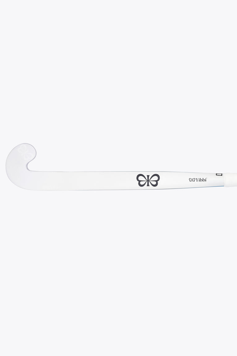Mid-bow field hockey stick with white face and black logo on the shaft