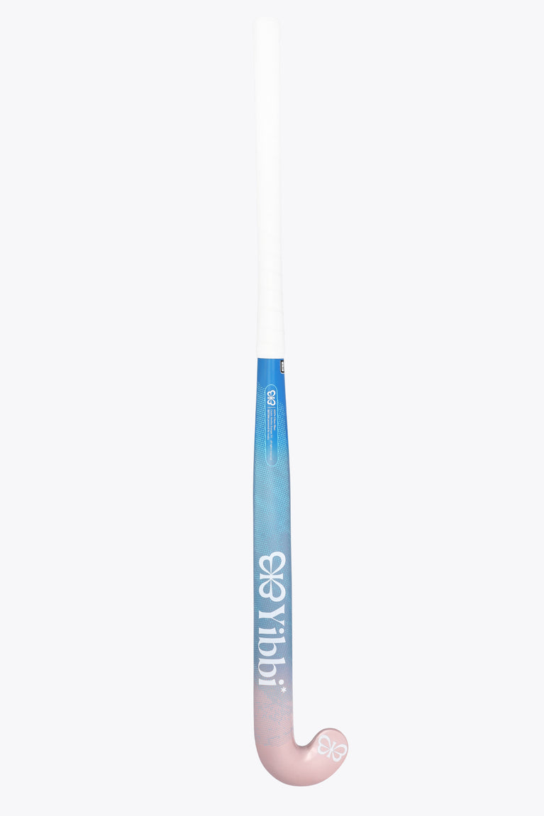 Mid-bow field hockey stick with blue shaft and pastel pink end curve