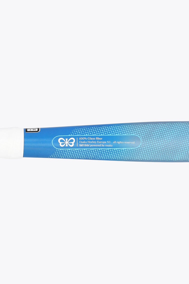 Mid-bow field hockey stick shaft with blue section and printed brand label