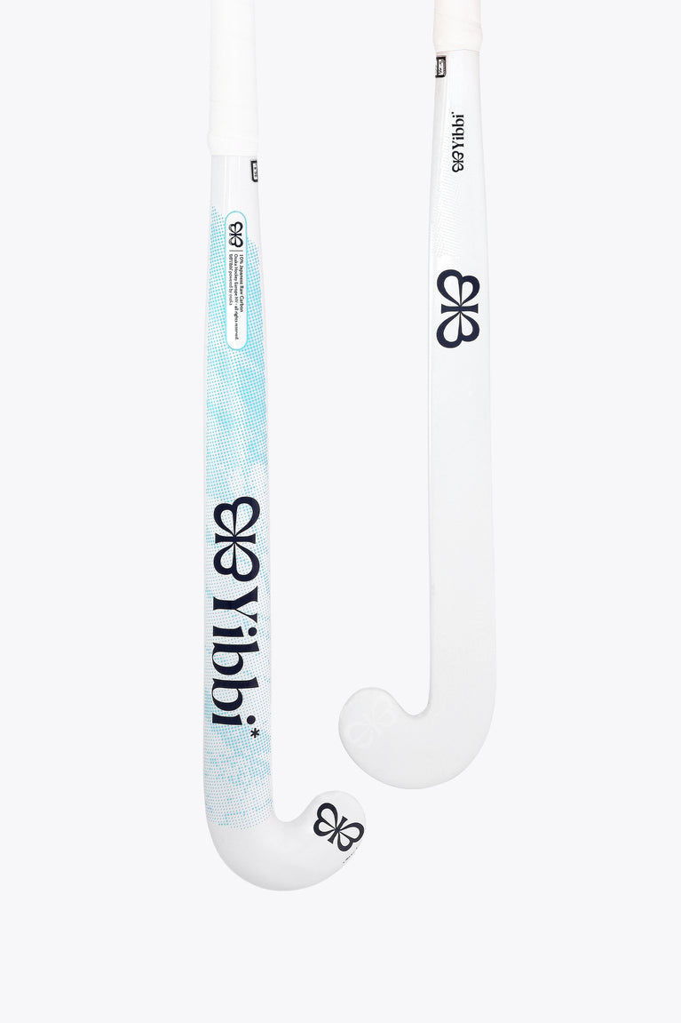 White field hockey stick with mid bow head and blue pattern graphics
