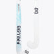 White field hockey stick with mid bow head and blue pattern graphics