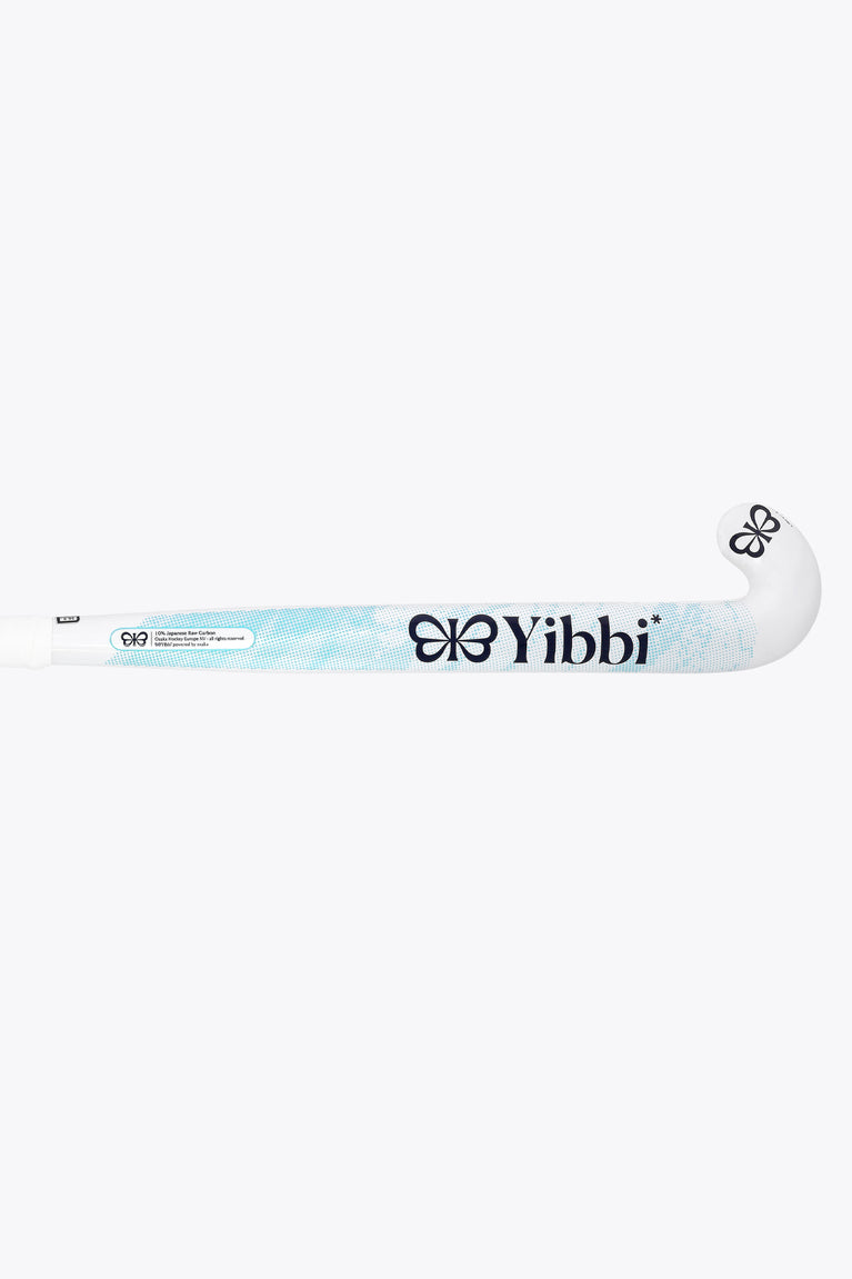 White field hockey stick with blue stripe and black emblem on blade